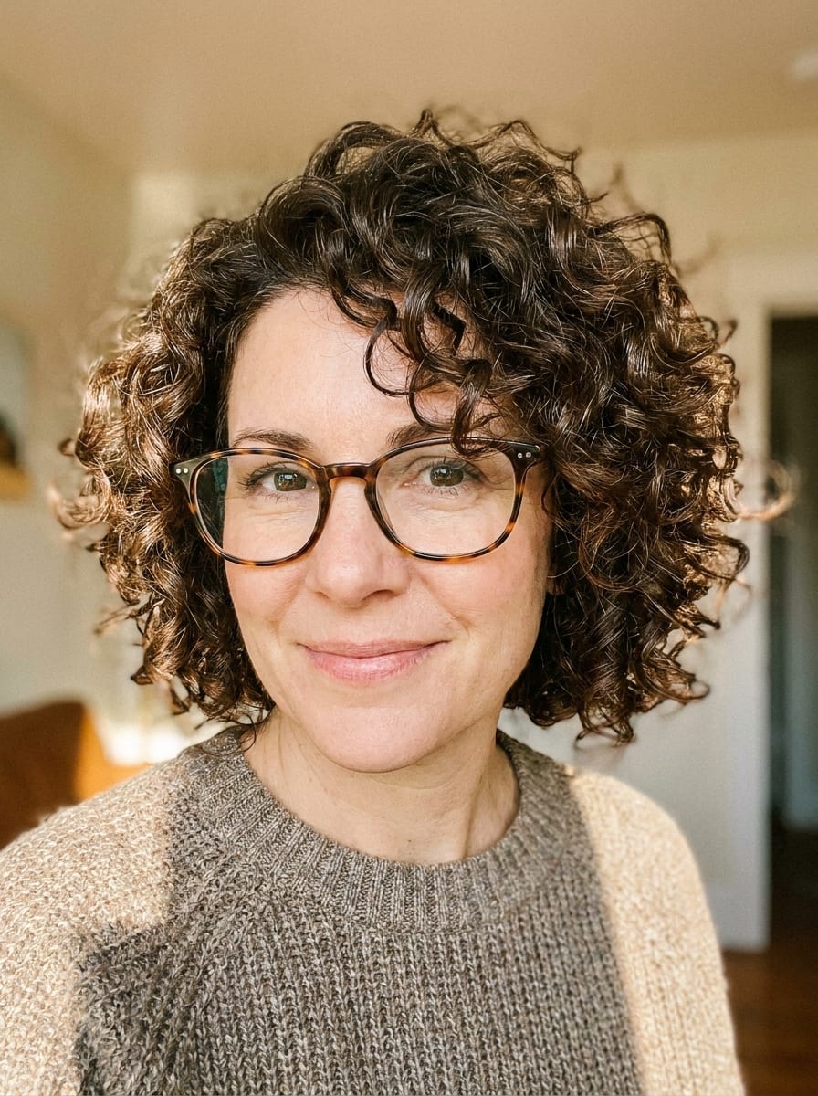 Kurze Lockenfrisur mit Brille - Kurzhaarfrisur mit Brille